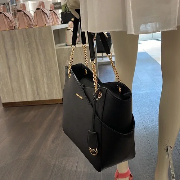 Michael Kors Jet Set Travel Large Chained Tote Shoulder Bag MK Black NWT